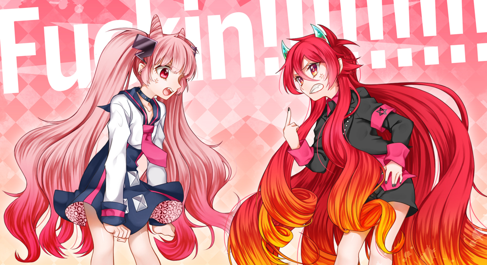 1boy, 1girl, alex_redgrave, anger_vein, angry, ayamo_(devi_rock), bad_id, bad_pixiv_id, black_nails, blonde_hair, crossover, devi_rock, english_text, hair_ornament, horns, lightning_bolt_symbol, long_hair, middle_finger, multicolored_hair, nail_polish, oikawa_(godoooo), open_mouth, pink_hair, profanity, red_eyes, red_hair, sa-t_(saato), school_uniform, serafuku, skirt, spree_killer, trap, very_long_hair, yellow_eyes