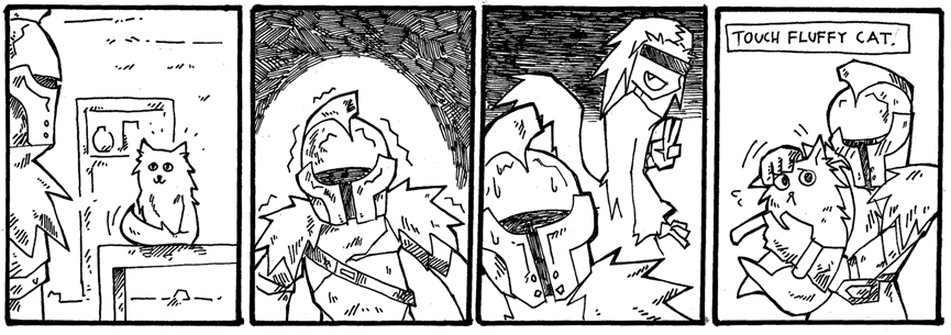 1boy, armor, cat, censored, comic, dark_souls_(series), dark_souls_i, dark_souls_ii, english_text, faraam_armor, greyscale, helmet, censored_identity, meme, monochrome, petting, priscilla_the_crossbreed, setz, sweet_shalquoir, table, touch_fluffy_tail_(meme), undead_hero_(dark_souls_2), v