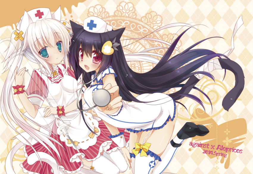 2girls, animal_ears, black_hair, blue_eyes, blush, breasts, cat_ears, frills