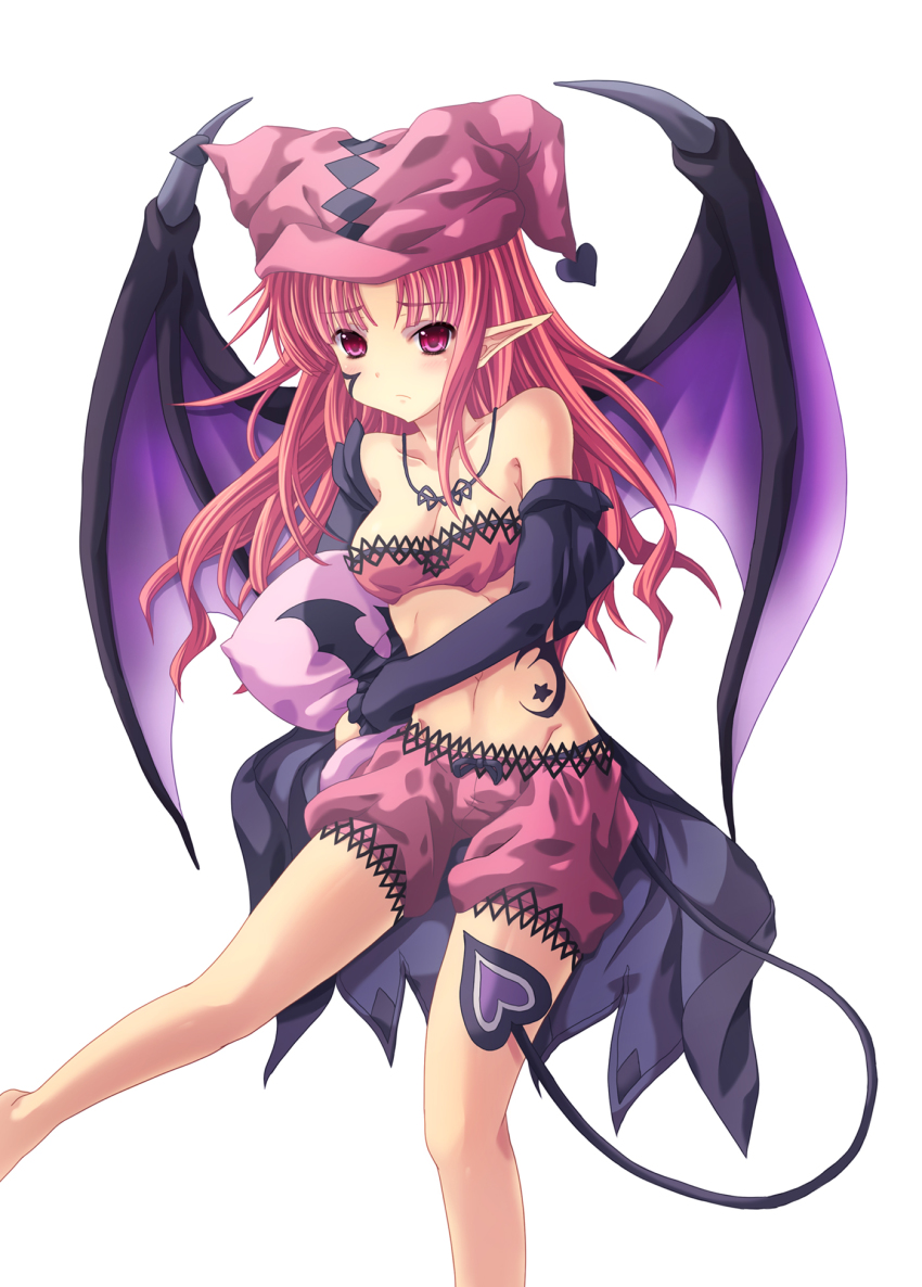 1girl, bloomers, bra, breasts, cleavage, demon_tail, duel_monster, female_focus, ghostrick_socuteboss, ghostrick_succubus, hat, heart, highres, long_hair, midriff, pink_bloomers, pink_bra, pink_hat, pointy_ears, red_eyes, red_hair, small_breasts, solo, tail, takayuuki, tattoo, underwear, wings, yu-gi-oh!