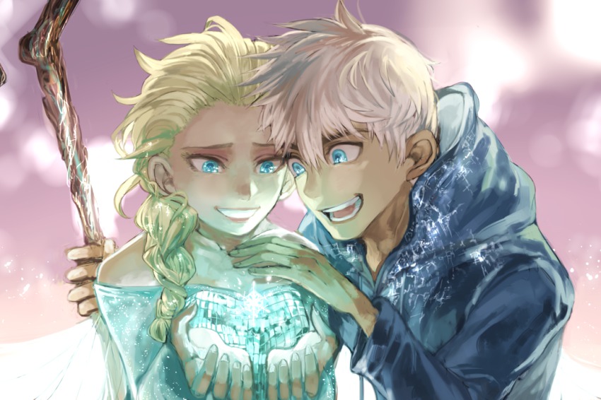 1boy, 1girl, blue_eyes, blush, disney, dress, elsa_(frozen), frozen_(disney), hood, hoodie, jack_frost_(rise_of_the_guardians), long_hair, momomosae, rise_of_the_guardians, sequins, short_hair, silver_hair, smile, staff