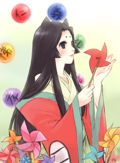 1girl, black_eyes, black_hair, blush, colored_skin, female_focus, fusehime, japanese_clothes