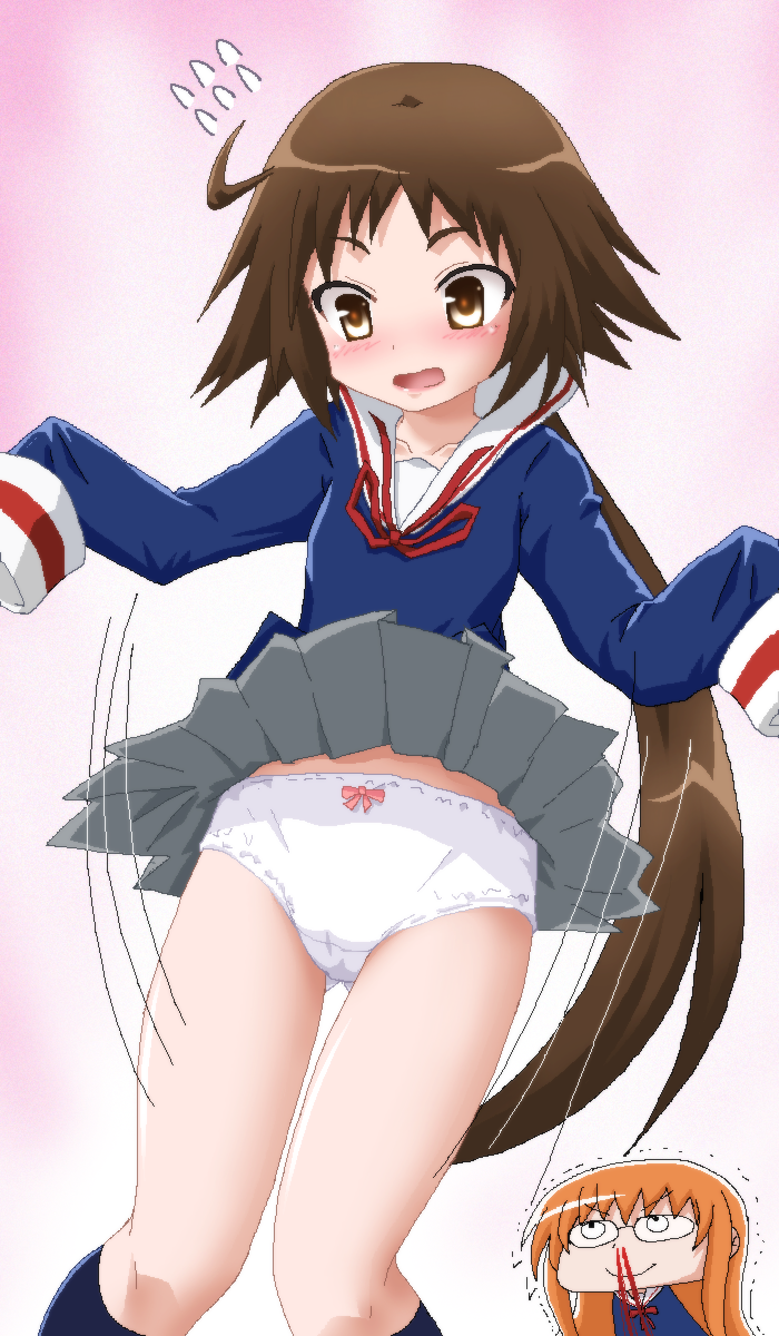 2girls, blood, blush, bow, bow_panties, breasts, brown_eyes, brown_hair