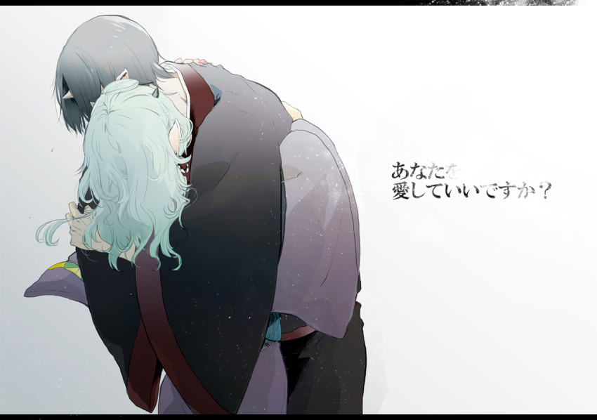 10s, 1boy, 1girl, black_hair, couple, cowboy_shot, green_hair, grey_background