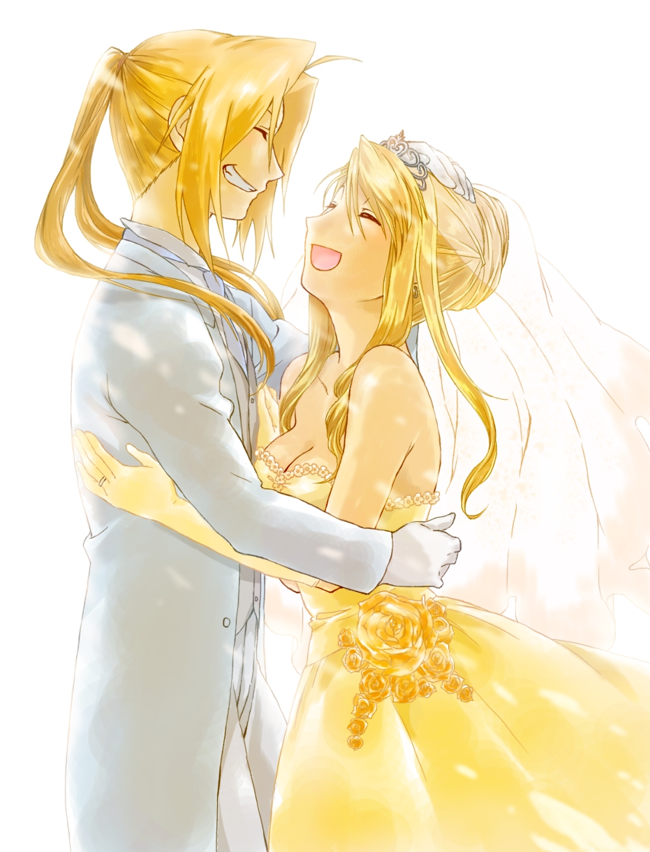 1boy, 1girl, bad_id, bad_pixiv_id, blonde_hair, bridal_veil, bride, couple, dress, edward_elric, fullmetal_alchemist, gloves, grin, hand_on_head, happy, height_difference, highres, jewelry, ring, shiro_coffee_(saiga), smile, spoilers, veil, wedding, wedding_band, wedding_dress, white_gloves, winry_rockbell, yellow_dress, yellow_wedding_dress