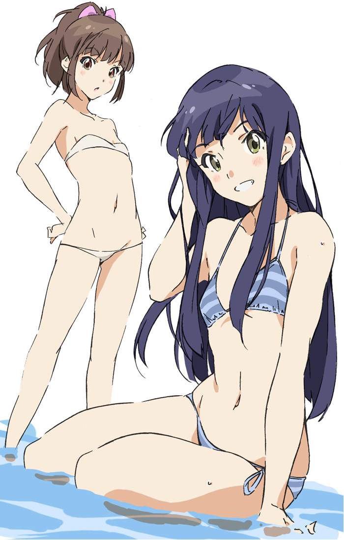 10s, 2girls, bandeau, bikini, black_hair, bow, breasts, brown_eyes