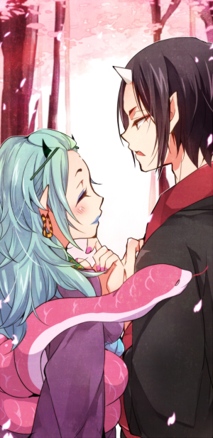 10s, 1boy, 1girl, bad_id, bad_pixiv_id, bangs_pinned_back, black_hair, blue_hair