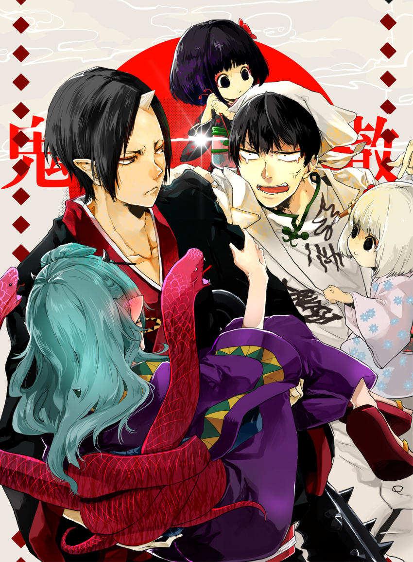 10s, 2boys, 3girls, aqua_hair, black_eyes, black_hair, blonde_hair, hakutaku_(hoozuki_no_reitetsu)