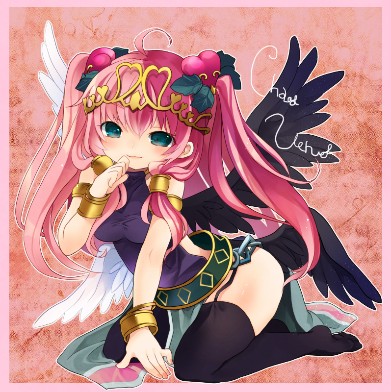 1girl, ahoge, aqua_eyes, armlet, asymmetrical_wings, bad_id, bad_pixiv_id, bare_shoulders