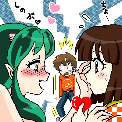 1boy, 2girls, blush, brown_hair, green_hair, heart, lowres, lum, miyake_shinobu, moroboshi_ataru, multiple_girls, panpukin, surprised, urusei_yatsura, yuri