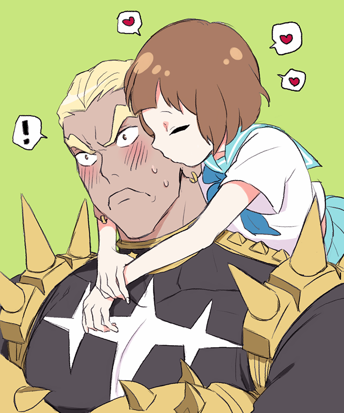 10s, 1boy, 1girl, arms_around_neck, blonde_hair, blush, brown_hair, couple, gamagoori_ira, hetero, hug, hug_from_behind, hum_(fpswp777), kill_la_kill, kiss, kissing_cheek, mankanshoku_mako, school_uniform, serafuku, short_hair, spikes