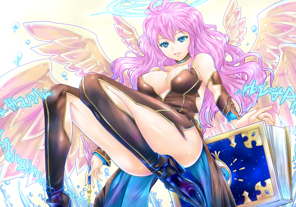 1girl, angel_wings, aqua_eyes, archangel_metatron_(p&amp;d), bare_shoulders, book, breasts, cleavage