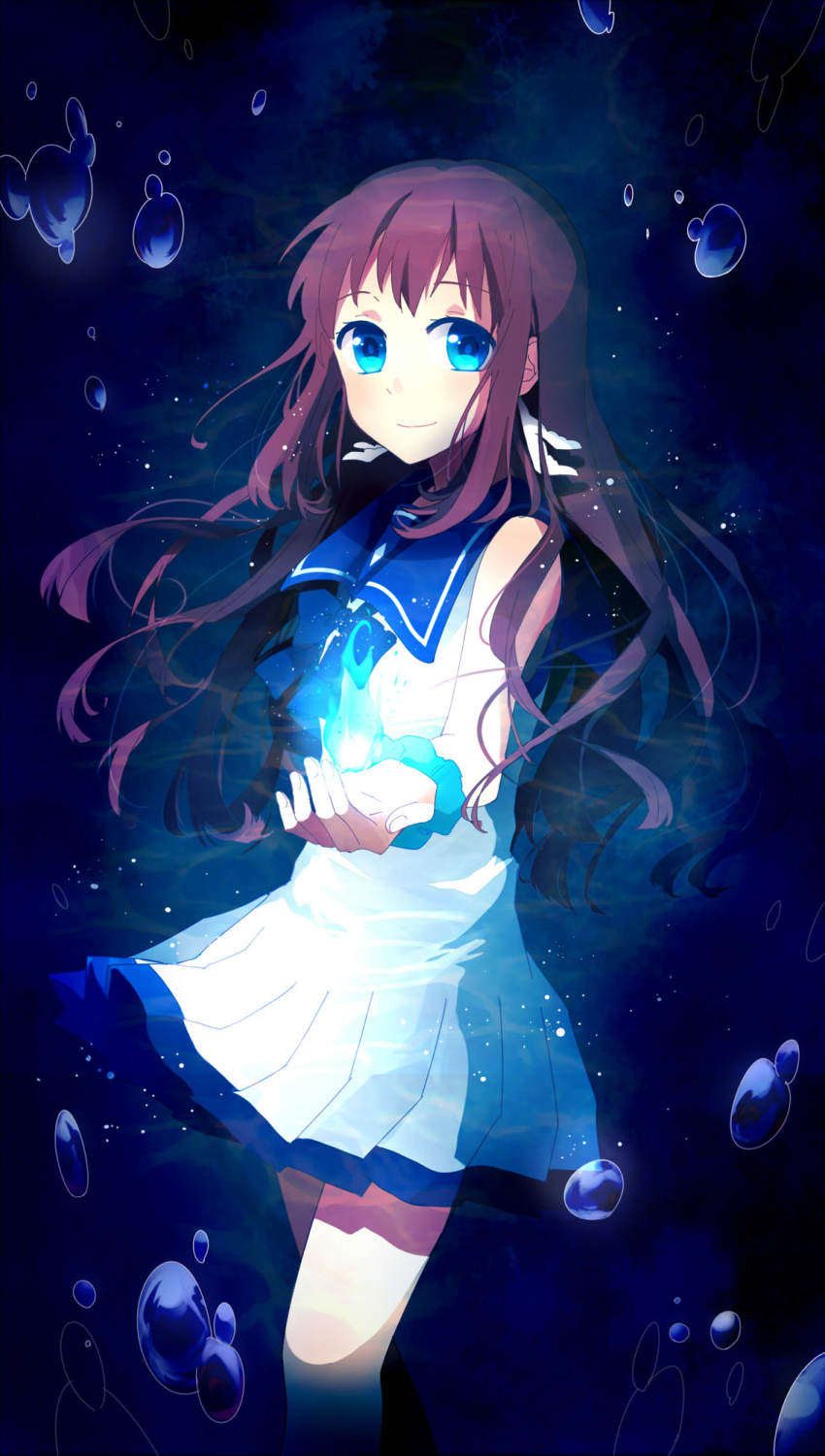 10s, 1girl, bad_id, bad_pixiv_id, blue_eyes, brown_hair, dress, fire, highres, hitodama, long_hair, mukaido_manaka, nagi_no_asukara, sailor_dress, sakurasou, school_uniform, serafuku, underwater