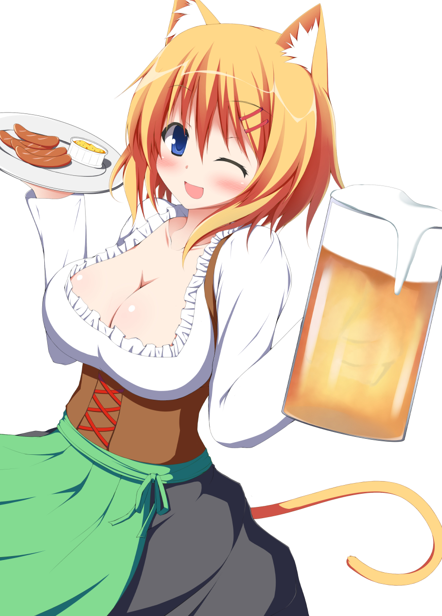 1girl, ;d, alcohol, animal_ears, apron, beer, beer_mug, blue_eyes