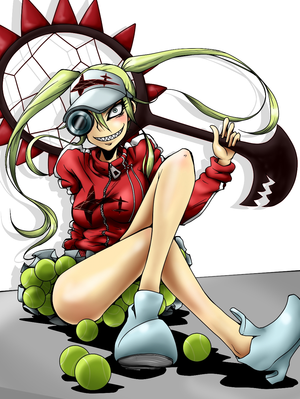 10s, 1girl, ball, blonde_hair, blue_eyes, breasts, crossed_legs, female_focus, grin, hakodate_omiko, highres, jacket, kill_la_kill, long_hair, racket, scope, sharp_teeth, sitting, skirt, smile, solo, spikes, teeth, tennis_ball, tennis_racket, track_jacket, twintails, visor_cap, yamada_naoto