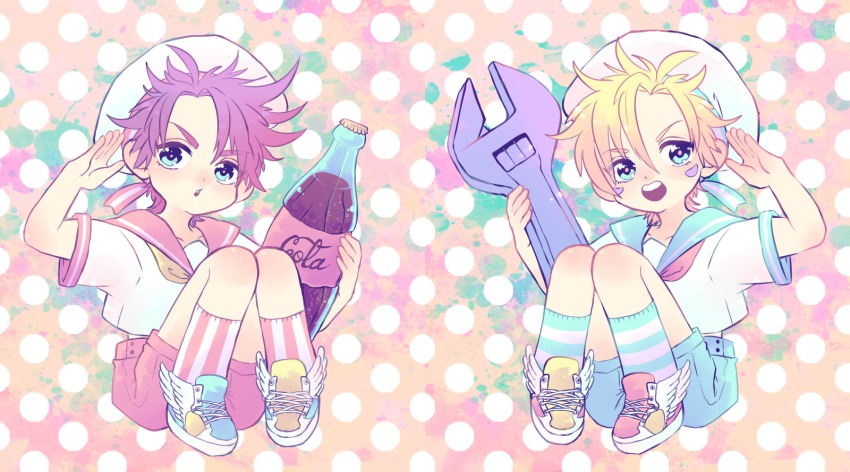 2boys, bad_id, bad_pixiv_id, blonde_hair, blue_eyes, caesar_anthonio_zeppeli, chibi, coca-cola