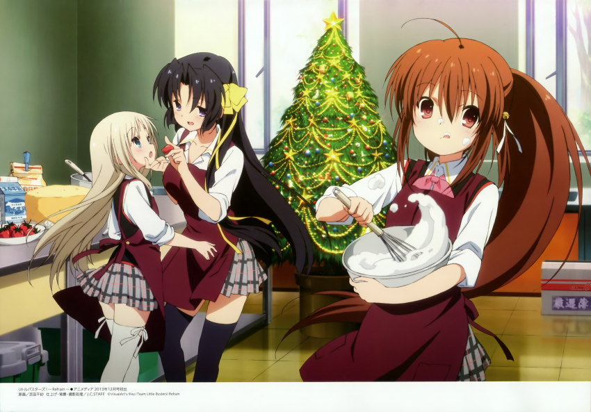 3girls, absurdres, apron, black_hair, blonde_hair, blue_eyes, bowl, brown_hair