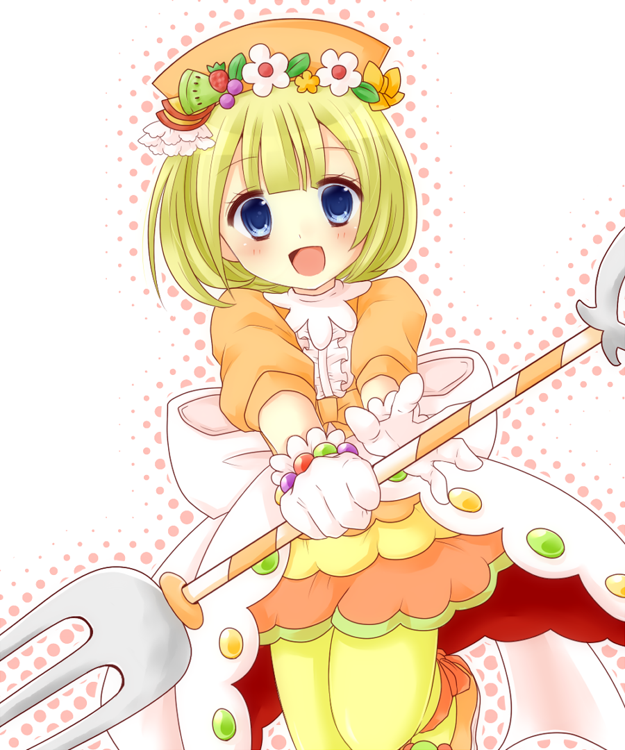 1girl, :d, blonde_hair, blue_eyes, bow, female_focus, food, fork, frills, fruit, fruitina, gloves, halftone, hat, kiwi_(fruit), nabe0507, open_mouth, orange_hat, outline, pantyhose, puyopuyo, puyopuyo_quest, short_hair, skirt, smile, solo, staff, strawberry, yellow_pantyhose