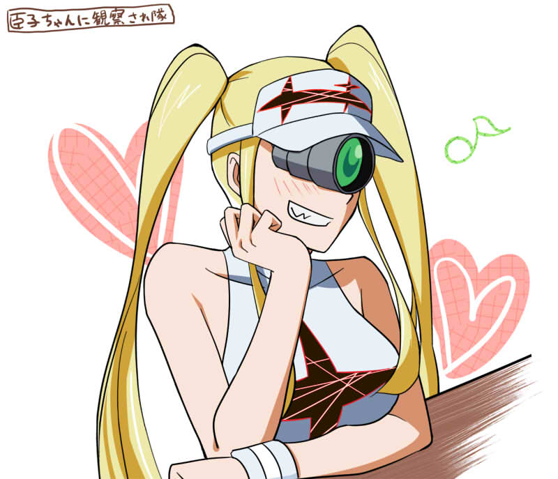 10s, 1girl, bad_id, bad_pixiv_id, blonde_hair, breasts, female_focus, grin