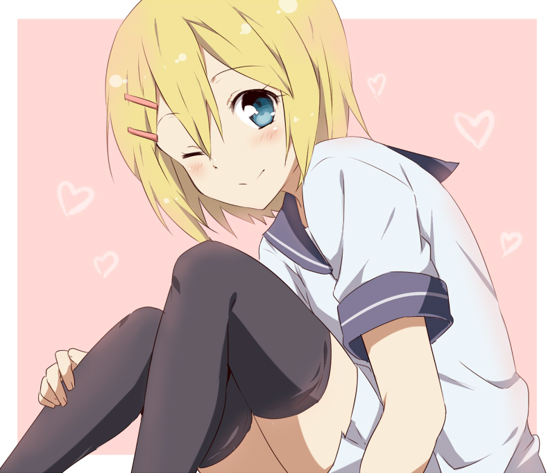 1boy, black_thighhighs, blue_eyes, blush, cuticle_tantei_inaba, hair_ornament, hairclip, heart