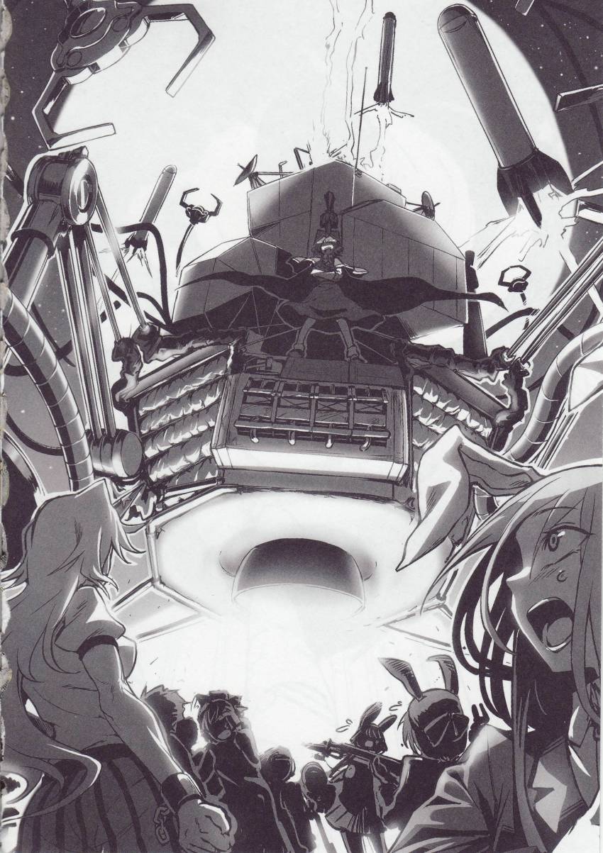 6+girls, absurdres, animal_ears, bayonet, bow, cape, capelet, claw_(weapon)