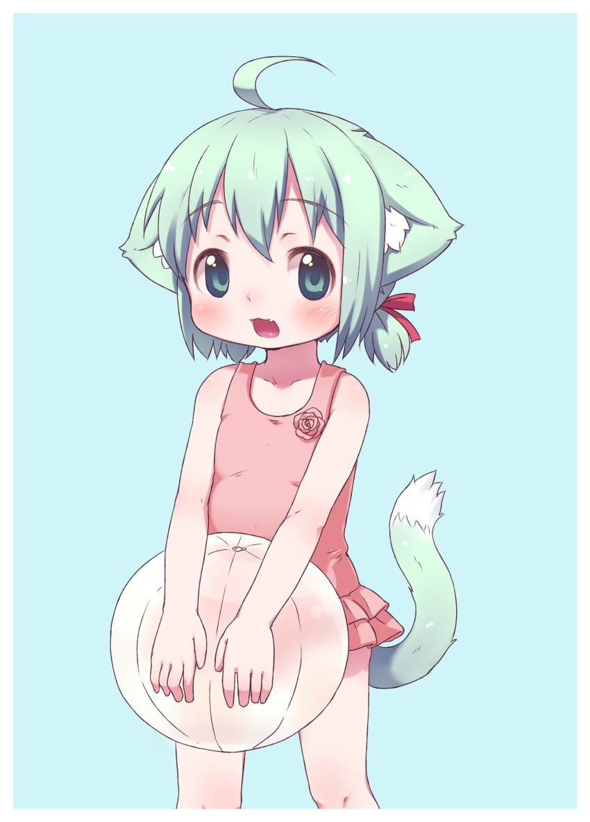 1girl, ahoge, animal_ears, ball, beachball, blue_background, blush, cat_ears