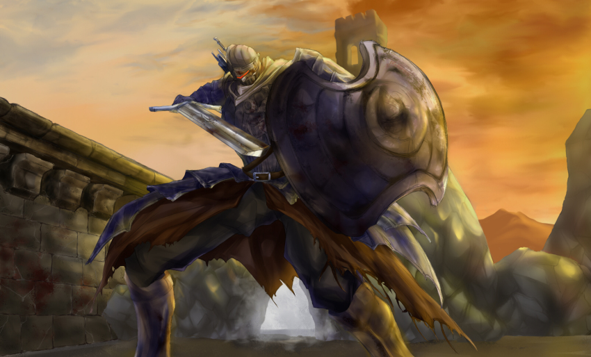 1boy, armor, bad_id, bad_pixiv_id, dark_souls_(series), dark_souls_i, dark_souls_ii, full_armor, highres, knight, male_focus, outdoors, shield, sky, solo, sword, the_pursuer, twilight, weapon