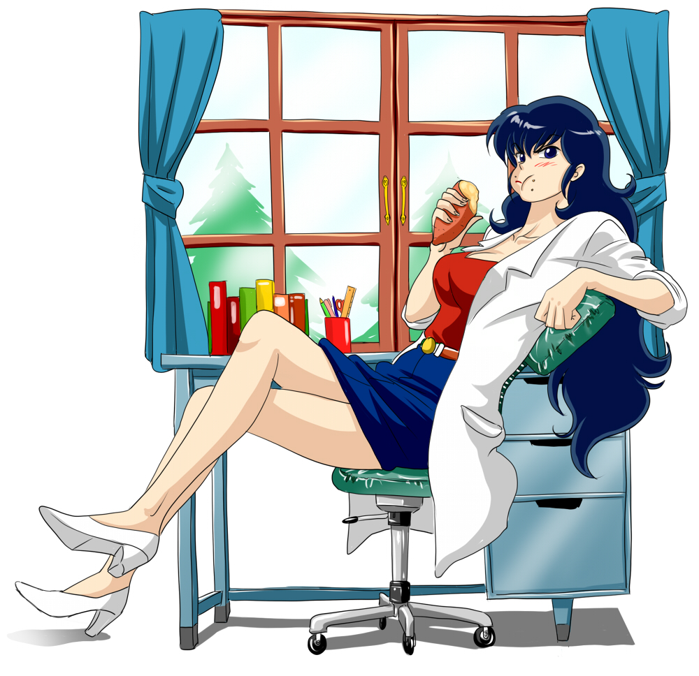 angry, blouse, blue_eyes, blue_hair, bread, chair, crumbs, desk