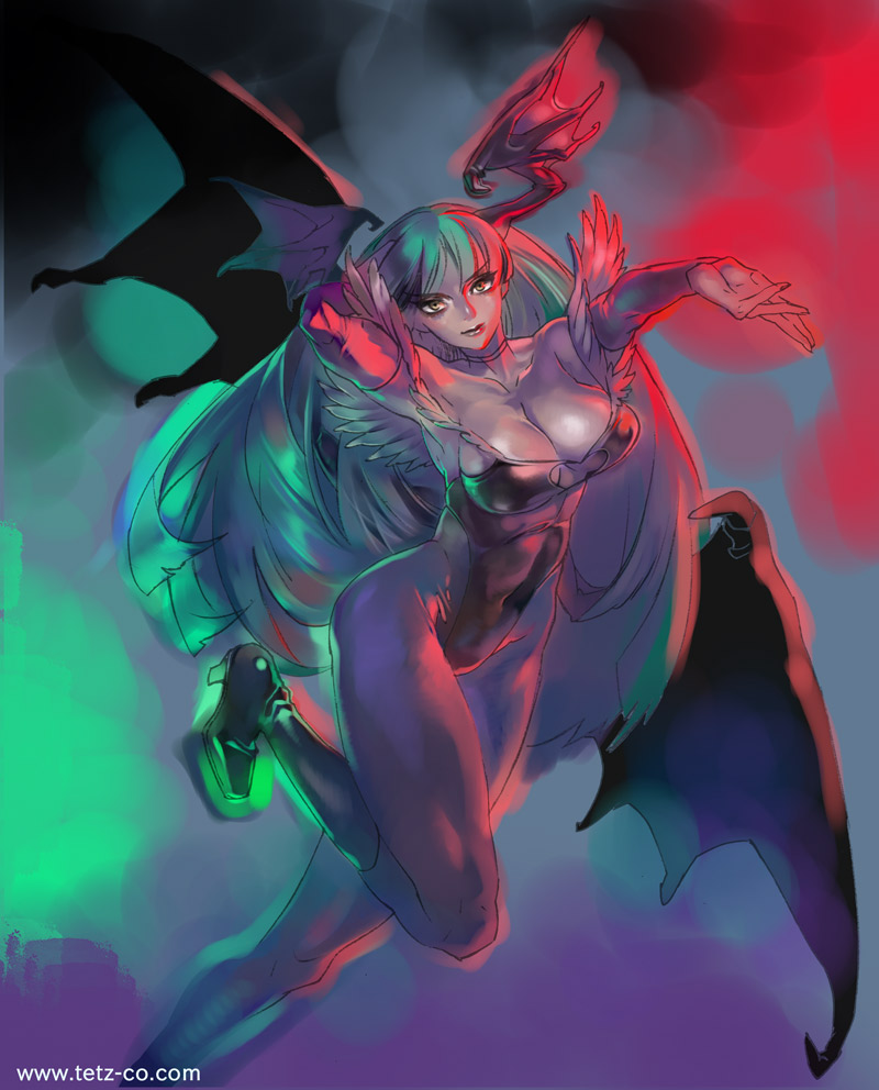 1girl, aqua_hair, arm_up, boots, breasts, cleavage, darkstalkers, demon_girl, demon_wings, female_focus, glowing, head_wings, large_breasts, long_hair, morrigan_aensland, outstretched_hand, pantyhose, solo, tetz-co, watermark, web_address, wings