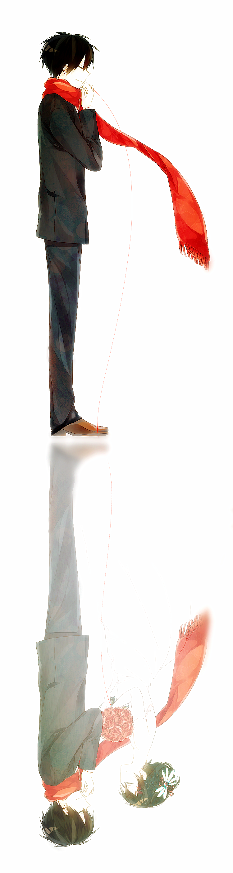 1boy, 1girl, absurdres, black_hair, bouquet, closed_eyes, couple, different_reflection, dress, duripu, elbow_gloves, flower, fringe_trim, gloves, hair_flower, hair_ornament, hairclip, hetero, highres, kagerou_project, kisaragi_shintarou, long_hair, red_scarf, reflected_worlds, reflection, scarf, short_hair, smile, string, string_of_fate, tateyama_ayano, wedding_dress