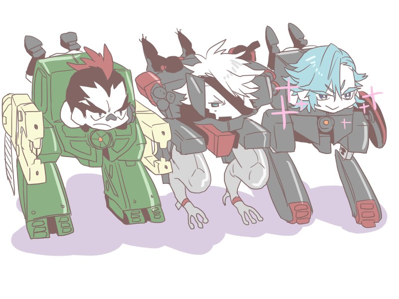 3boys, black_hair, chibi, crossover, doutonbori_robo, gekko_(metal_gear), kill_la_kill, kinagase_tsumugu, koryuu_(gackter10), male_focus, metal_gear_(series), metal_gear_rising:_revengeance, mikisugi_aikurou, mohawk, multicolored_hair, multiple_boys, parody, raiden_(metal_gear), simple_background, sparkle, sparkling_aura, two-tone_hair, white_background, white_hair