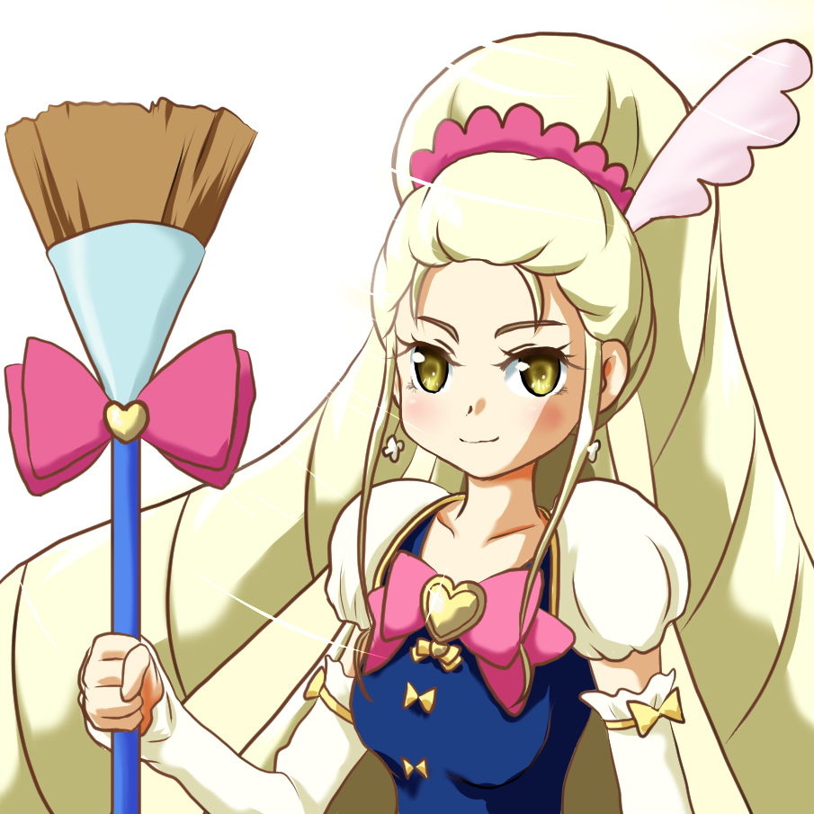 10s, 1girl, arm_warmers, blonde_hair, bow, brooch, broom, cure_art