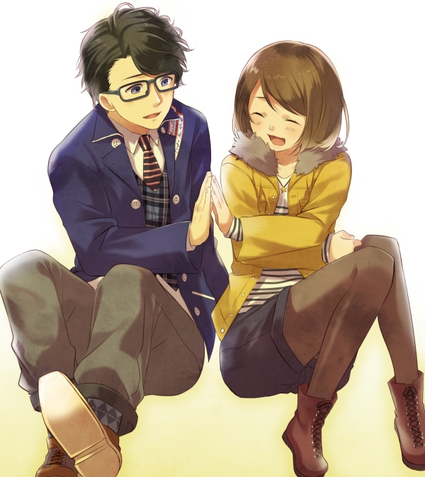 1boy, 1girl, animification, bad_id, bad_pixiv_id, black_hair, blue_eyes, brown_hair