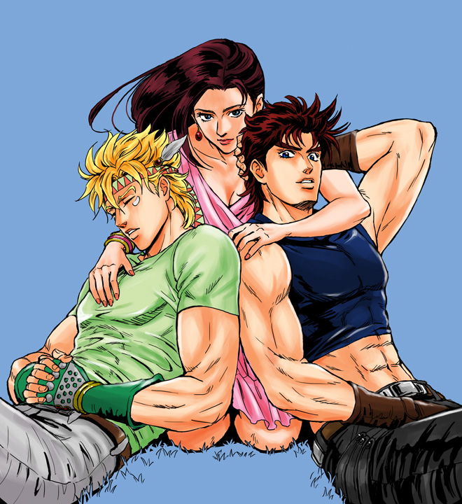 1girl, 2boys, abs, blonde_hair, blue_eyes, brown_hair, caesar_anthonio_zeppeli, feather_hair_ornament