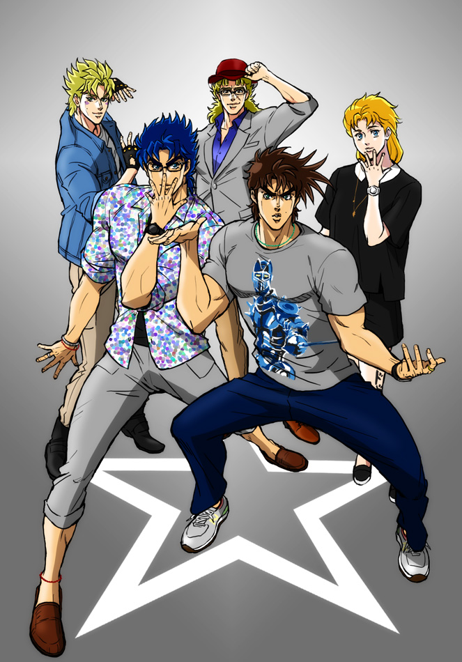 1girl, 4boys, alternate_costume, blonde_hair, blue_hair, brown_hair, caesar_anthonio_zeppeli, casual