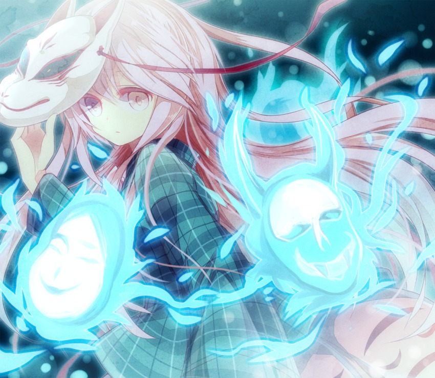 1girl, aizawa_riku, bad_id, bad_pixiv_id, bubble_skirt, female_focus, fox_mask, hata_no_kokoro, long_hair, long_sleeves, mask, noh_mask, oni_mask, pink_eyes, pink_hair, plaid_clothes, plaid_shirt, shirt, skirt, solo, touhou