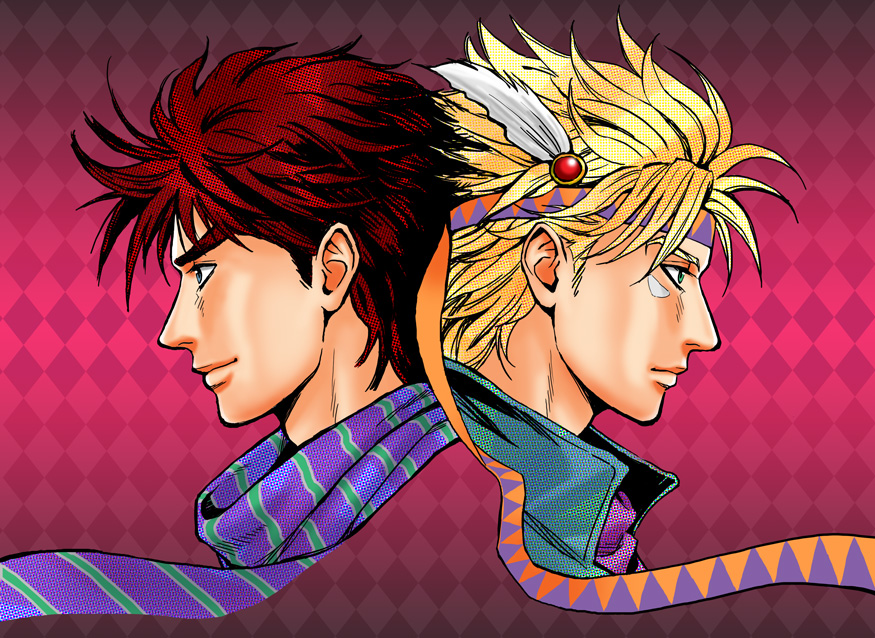 2boys, argyle_background, argyle_clothes, back-to-back, blonde_hair, caesar_anthonio_zeppeli, dithering, facial_mark