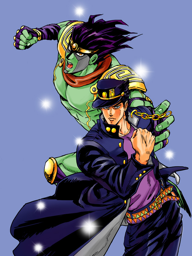 2boys, black_hair, chain, fingerless_gloves, gloves, jojo_no_kimyou_na_bouken, kuujou_joutarou, long_coat
