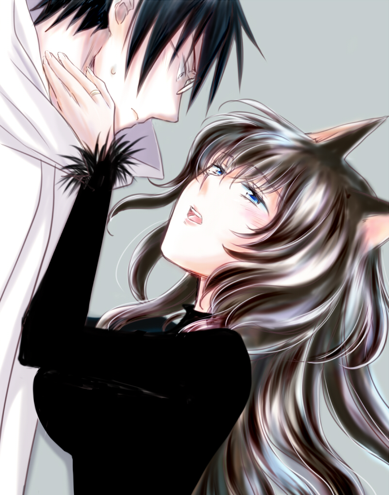 10s, 1girl, animal_ears, blue_eyes, blush, fox_ears, glasses, jewelry, log_horizon, long_hair, nureha_(log_horizon), ring, shiroe_(log_horizon), short_hair, tofu_(joka)