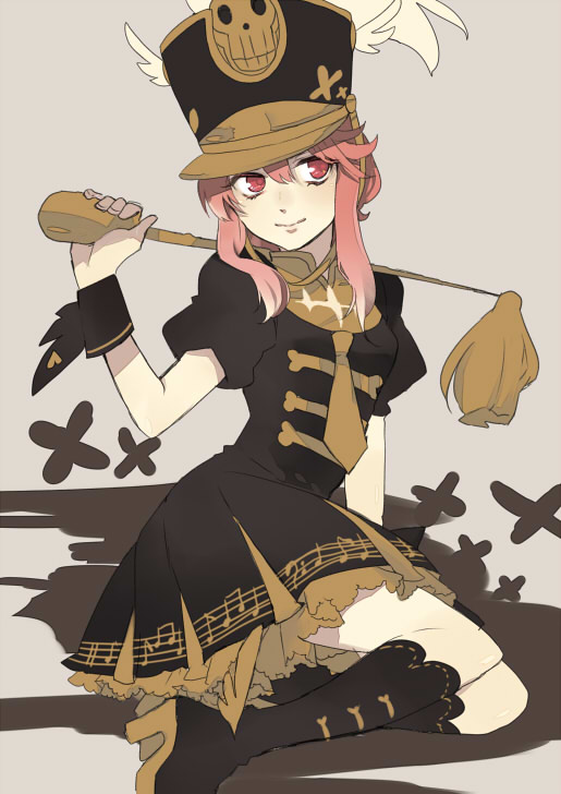 10s, 1girl, bad_id, bad_pixiv_id, baton, boots, conductor_baton, dress, female_focus, hat, jakuzure_nonon, kill_la_kill, musical_note, pink_eyes, pink_hair, ruco, shako_cap, sidelocks, smile, solo, uniform, wrist_cuffs