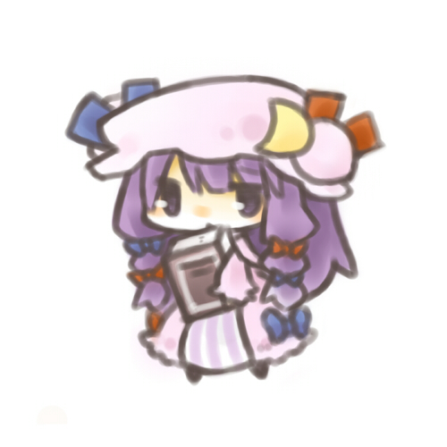 1girl, book, chibi, hat, long_hair, lowres, patchouli_knowledge, purple_eyes