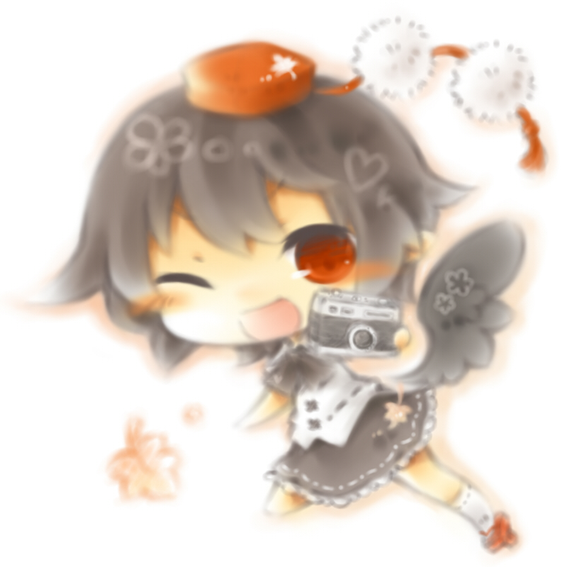 1girl, black_hair, black_wings, blush, camera, chibi, female_focus, hat