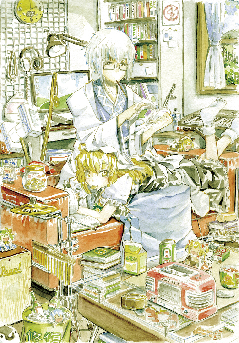00s, 10s, 1boy, 1girl, absurdly_detailed_composition, blonde_hair, bobby_socks, book