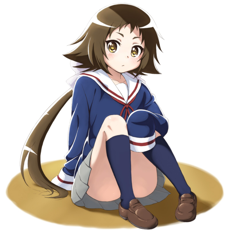 1girl, :/, black_socks, blush, brown_eyes, brown_hair, collarbone, female_focus, imuta_(vaporization), kneehighs, loafers, long_hair, long_sleeves, looking_at_viewer, mikakunin_de_shinkoukei, mitsumine_mashiro, oversized_clothes, pleated_skirt, ponytail, ribbon, school_uniform, serafuku, shirt, shoes, short_hair_with_long_locks, sitting, skirt, sleeves_past_wrists, socks, solo, very_long_hair