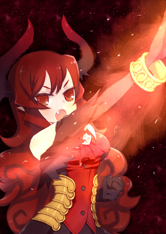 1girl, armor, armored_dress, borrowed_character, bracelet, breasts, clenched_hand, curly_hair