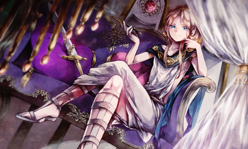 1boy, blonde_hair, blue_eyes, earrings, eim_(gaziko), highres, jewelry, long_hair, magi_the_labyrinth_of_magic, pillow, smoking_pipe, sitting, smile, sword, titus_alexius, weapon