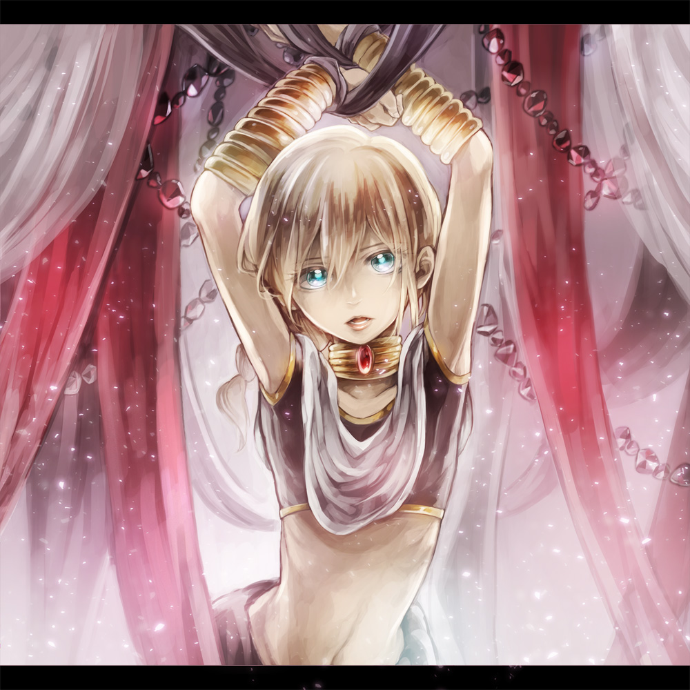 1boy, blonde_hair, blue_eyes, cosplay, eim_(gaziko), jewelry, judal, judal_(cosplay), letterboxed, long_hair, magi_the_labyrinth_of_magic, midriff, neck_ring, titus_alexius