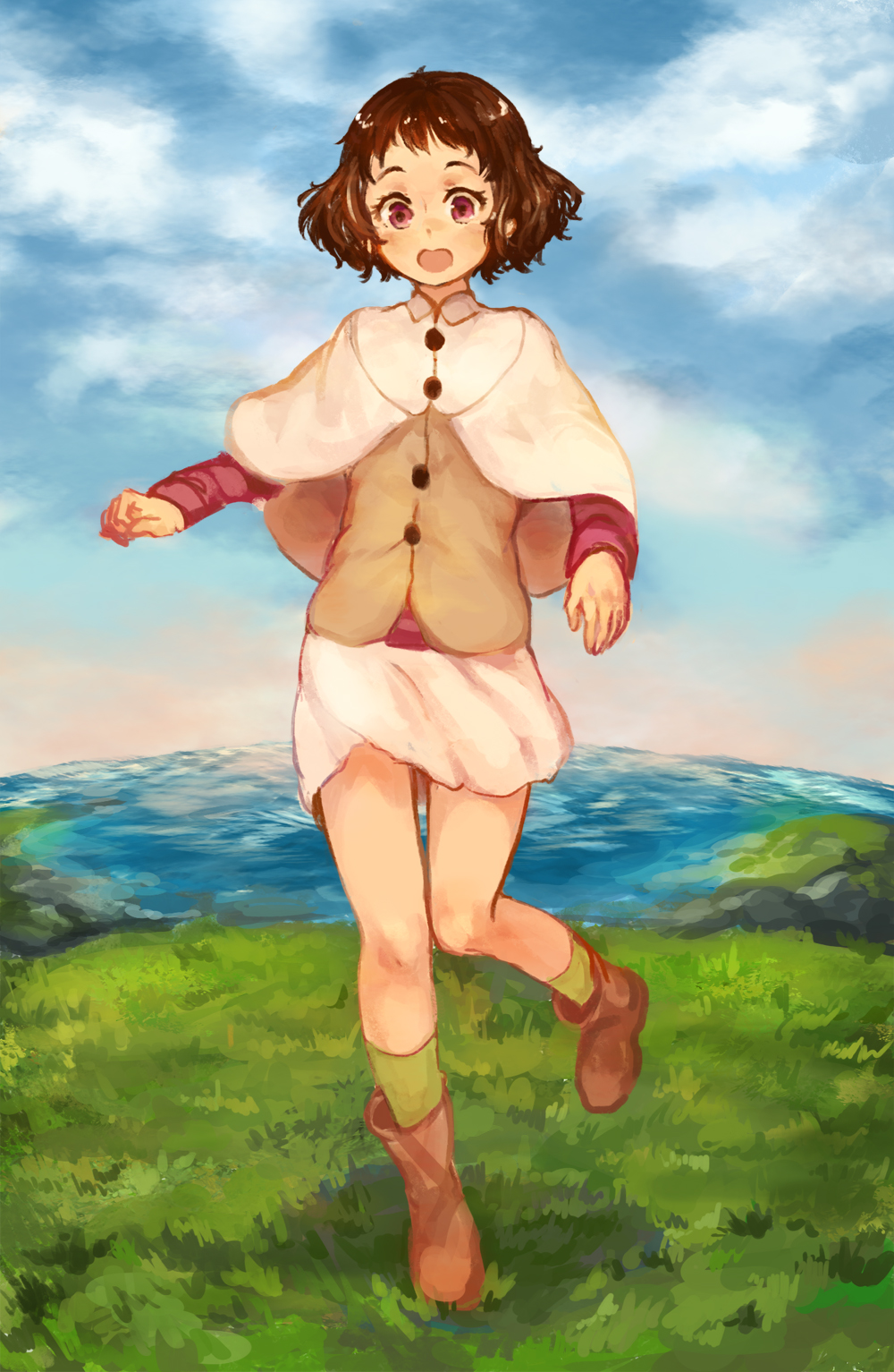 1girl, ankle_boots, boots, brown_hair, capelet, casual, cloud, cosplay, day, drawfag, female_focus, highres, horizon, hyouka, ibara_mayaka, mukaido_manaka, mukaido_manaka_(cosplay), nagi_no_asukara, ocean, pun, purple_eyes, short_hair, skirt, socks, solo