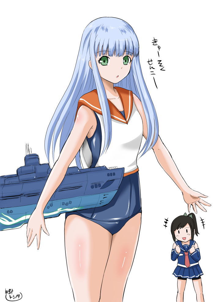 2girls, :d, aoki_hagane_no_arpeggio, bike_shorts, blue_hair, cosplay, costume_switch, crossover, green_eyes, i-401_(aoki_hagane_no_arpeggio), i-401_(kancolle), i-401_(kancolle)_(cosplay), iona_(aoki_hagane_no_arpeggio), iona_(cosplay), kantai_collection, long_hair, multiple_girls, name_connection, open_mouth, personification, ponytail, sailor_collar, school_swimsuit, ship, shorts, shorts_under_skirt, smile, swimsuit, translation_request, vehicle_and_personification, watercraft, yano_toshinori