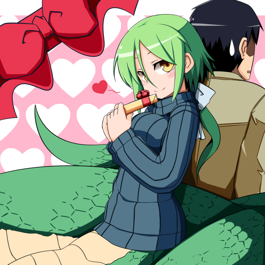 1boy, 1girl, back-to-back, blue_sweater, blush, bow, breasts, closed_mouth